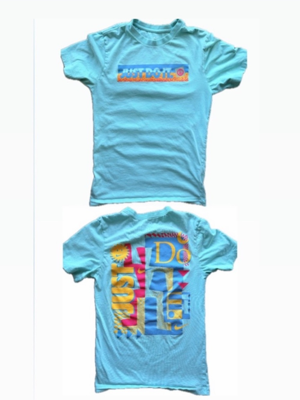 Nike Just Do It Peace Graphic Cotton Tee Aqua Blue Pink Unisex XS